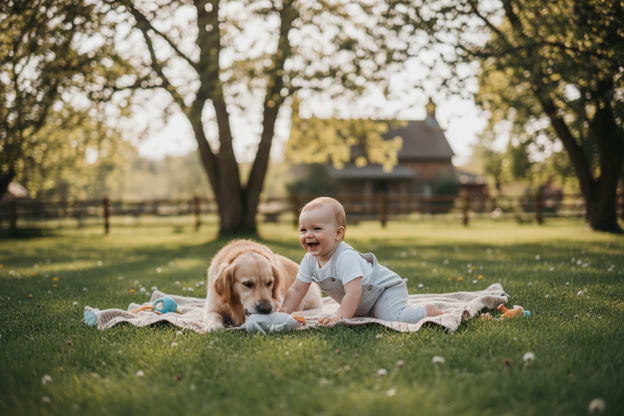 baby playing with dog