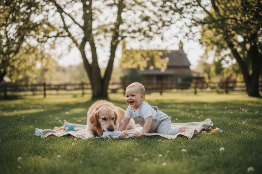 baby playing with dog 
