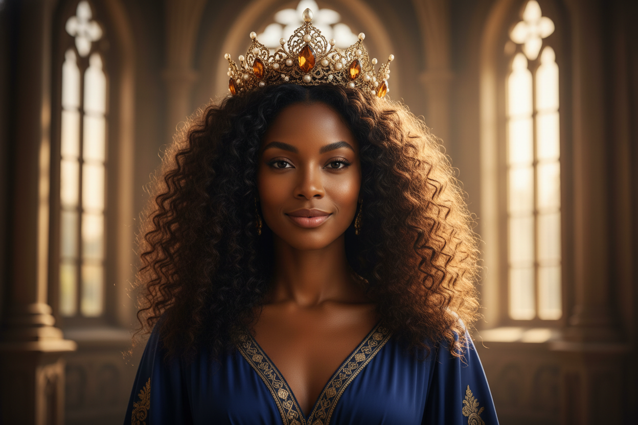black woman with curly hair wearing crown