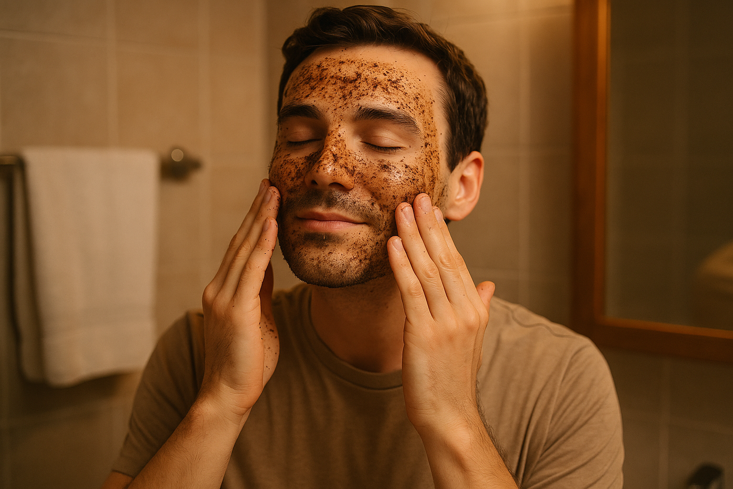 man using coffeee scrub on face 