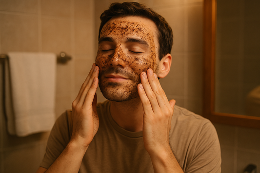 man using coffeee scrub on face 